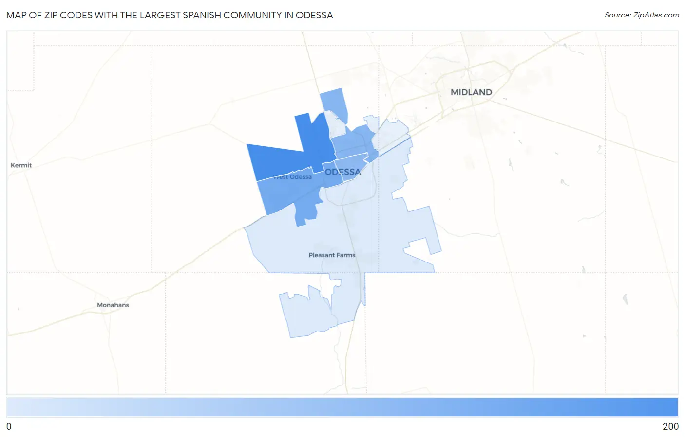 Zip Codes with the Largest Spanish Community in Odessa Map