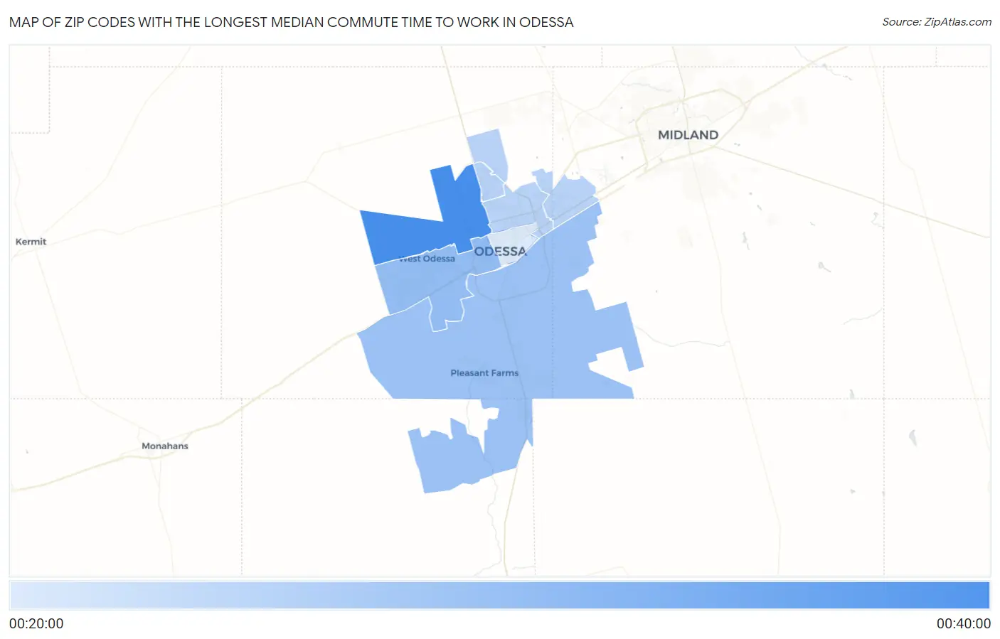 Zip Codes with the Longest Median Commute Time to Work in Odessa Map