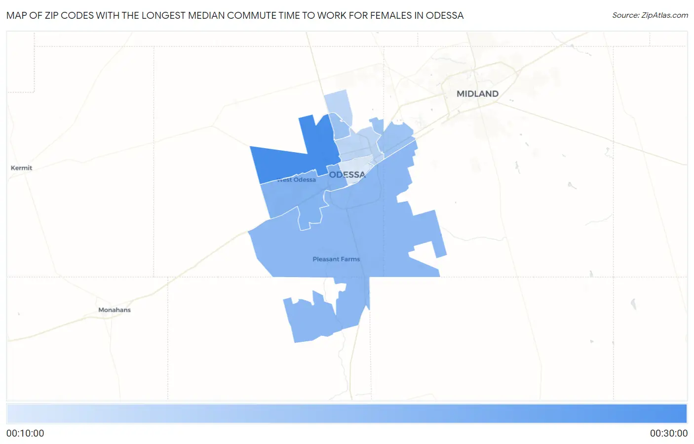Zip Codes with the Longest Median Commute Time to Work for Females in Odessa Map
