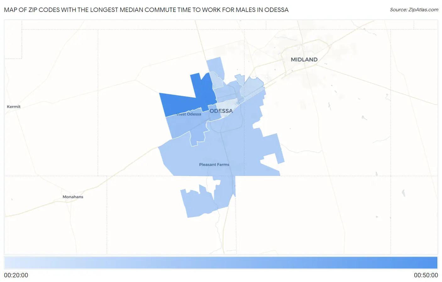 Zip Codes with the Longest Median Commute Time to Work for Males in Odessa Map
