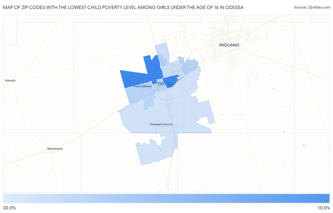Zip Codes with the Lowest Child Poverty Level Among Girls Under the Age of 16 in Odessa Map