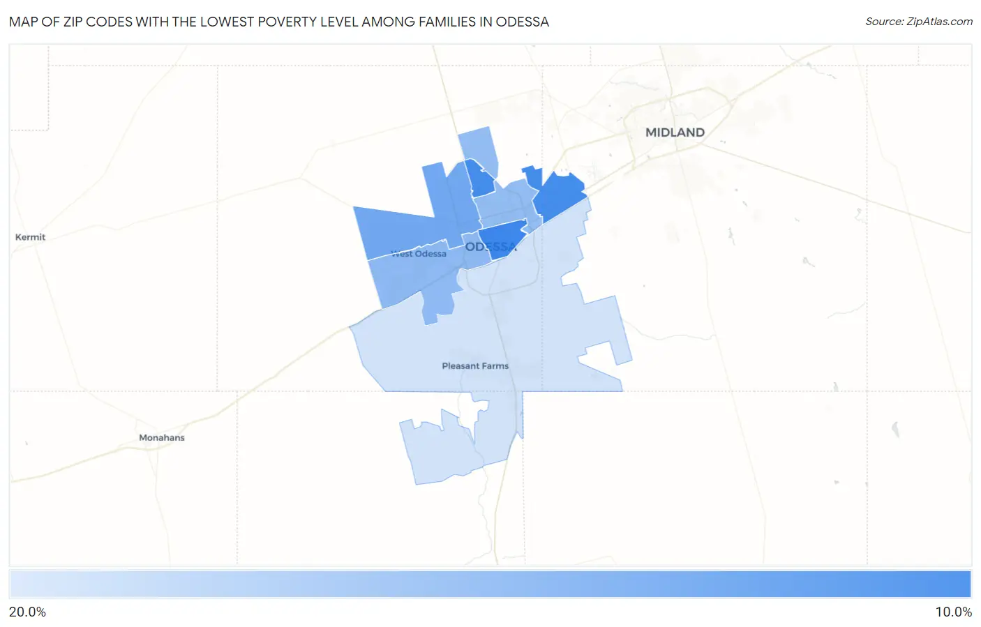 Zip Codes with the Lowest Poverty Level Among Families in Odessa Map