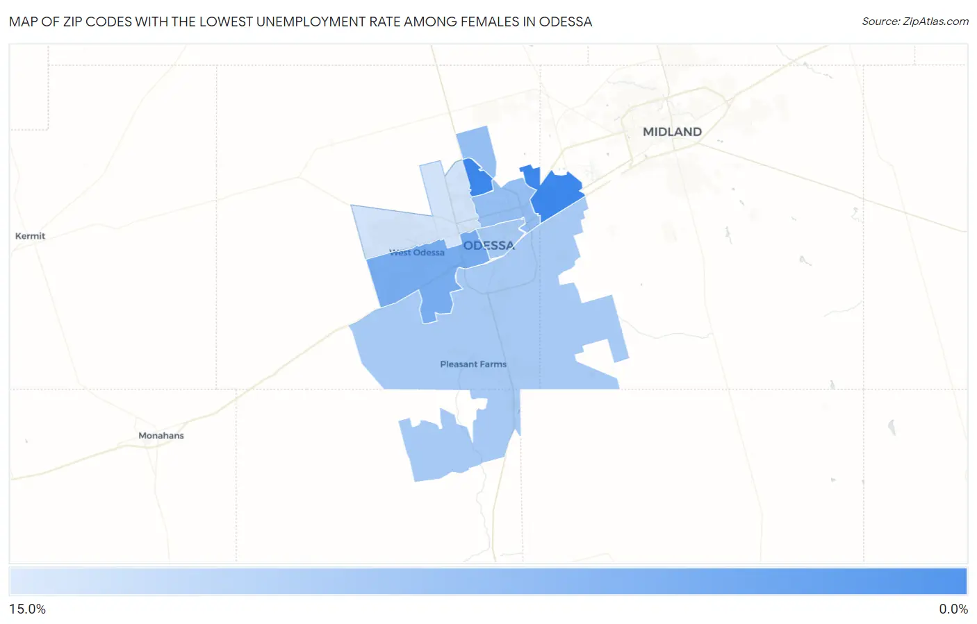 Zip Codes with the Lowest Unemployment Rate Among Females in Odessa Map