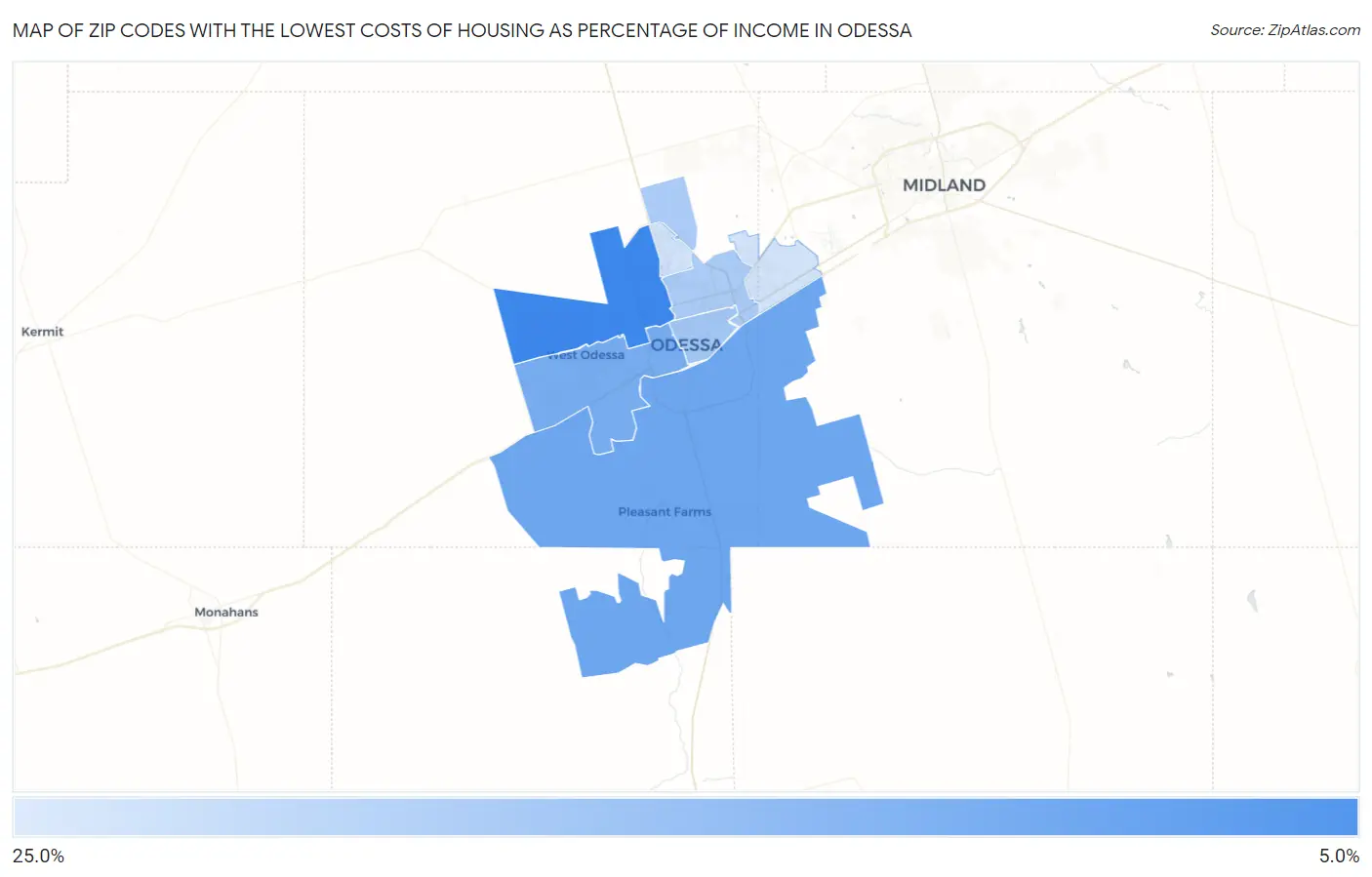 Zip Codes with the Lowest Costs of Housing as Percentage of Income in Odessa Map
