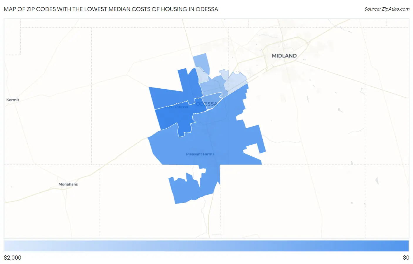 Zip Codes with the Lowest Median Costs of Housing in Odessa Map