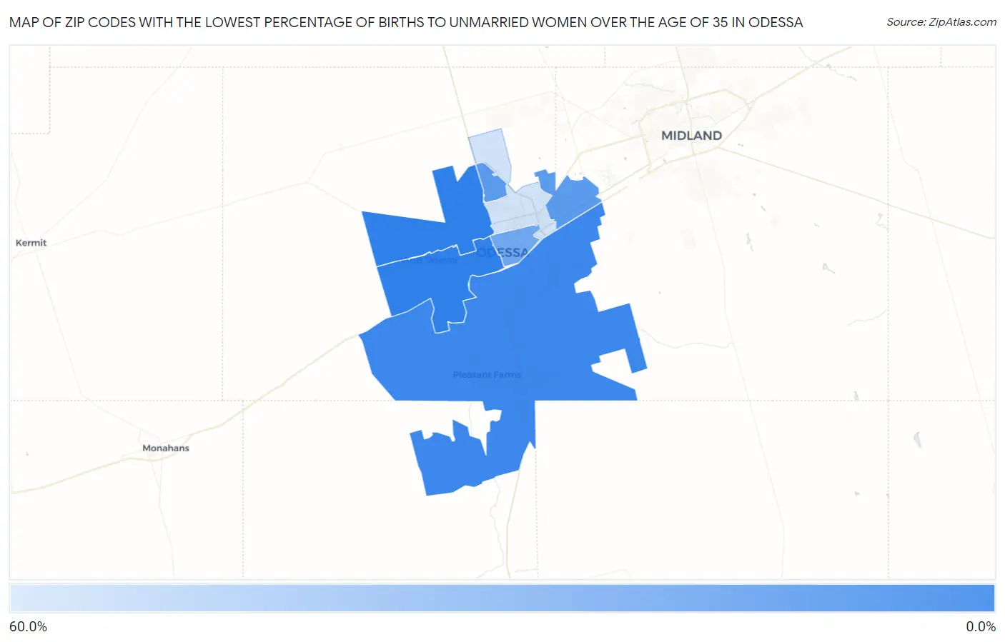 Zip Codes with the Lowest Percentage of Births to Unmarried Women over the Age of 35 in Odessa Map