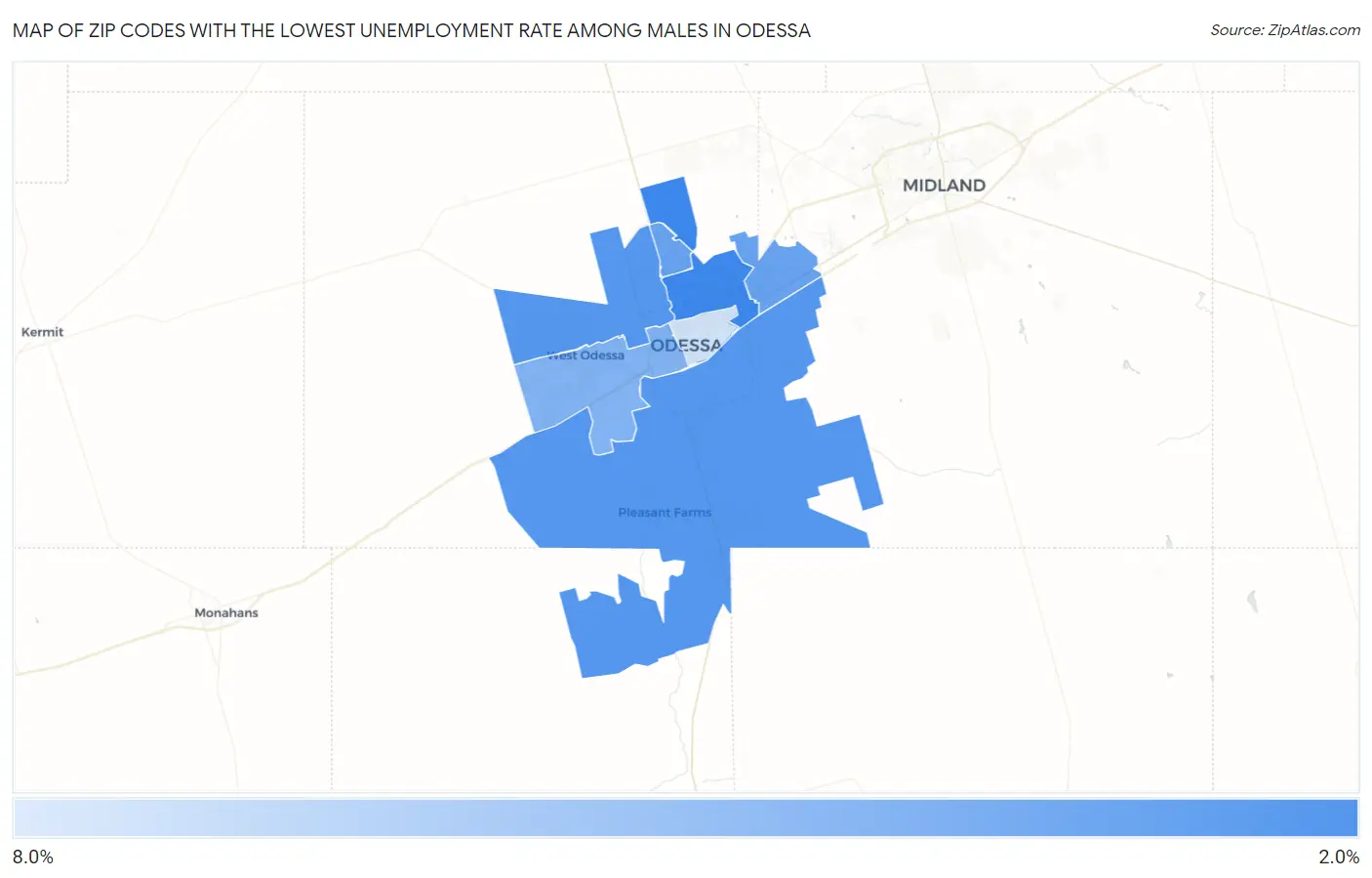 Zip Codes with the Lowest Unemployment Rate Among Males in Odessa Map