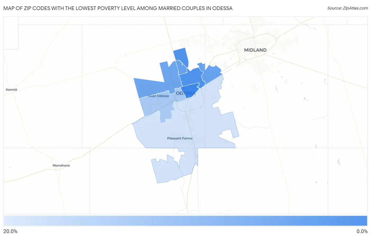 Zip Codes with the Lowest Poverty Level Among Married Couples in Odessa Map