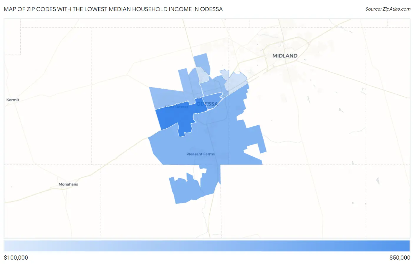 Zip Codes with the Lowest Median Household Income in Odessa Map