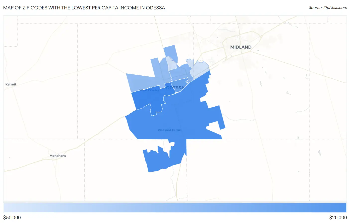 Zip Codes with the Lowest Per Capita Income in Odessa Map