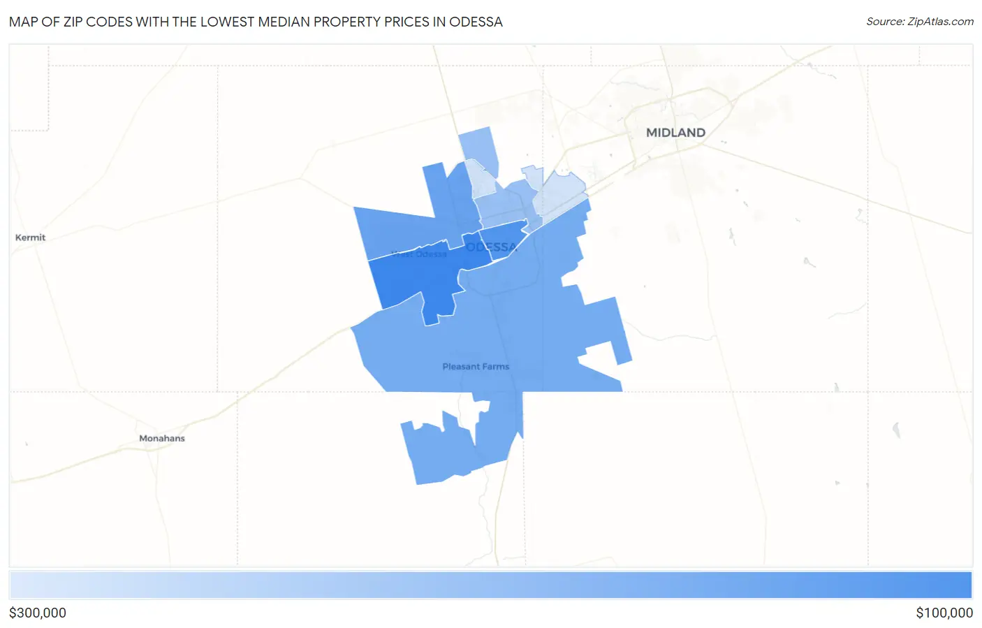 Zip Codes with the Lowest Median Property Prices in Odessa Map