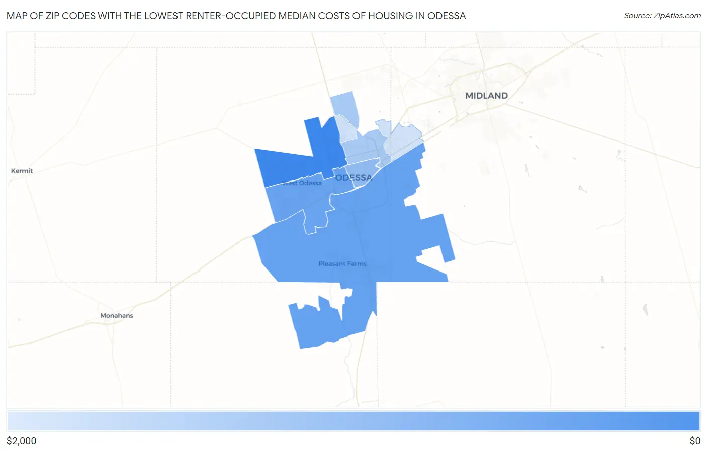 Zip Codes with the Lowest Renter-Occupied Median Costs of Housing in Odessa Map