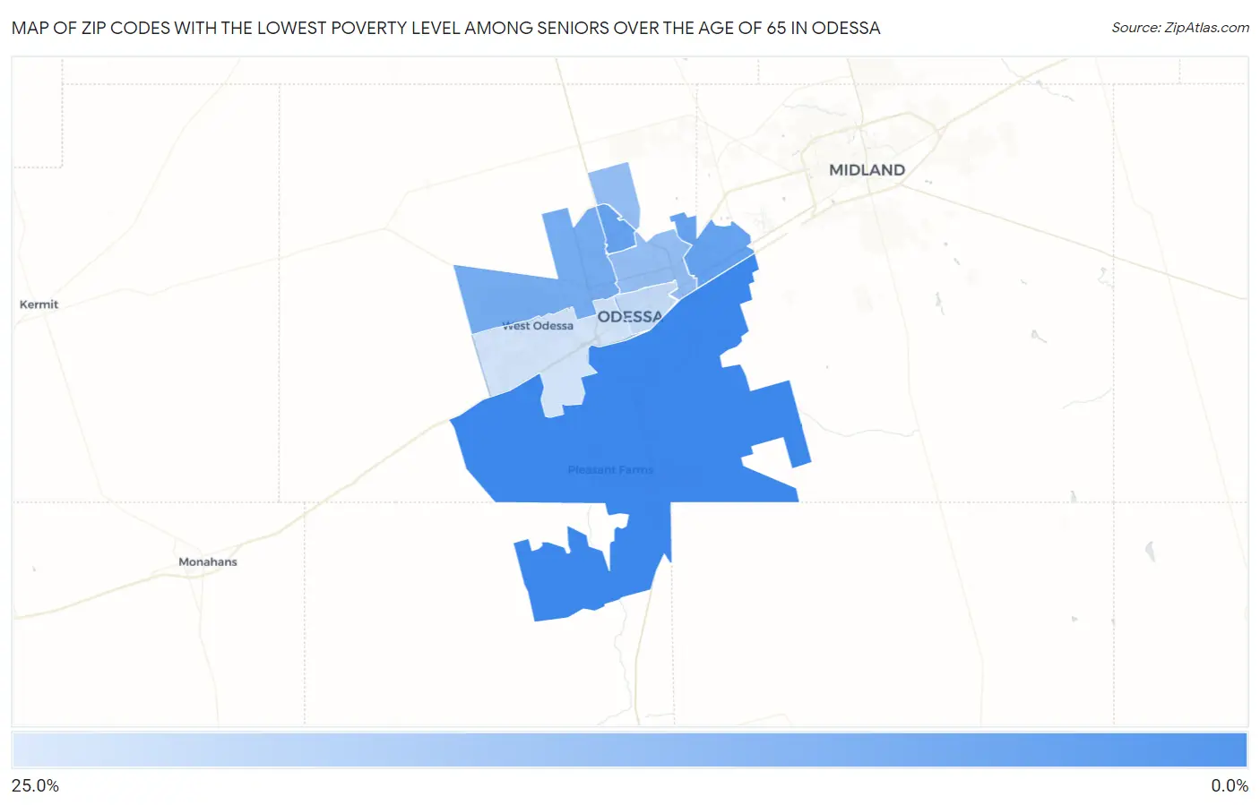 Zip Codes with the Lowest Poverty Level Among Seniors Over the Age of 65 in Odessa Map