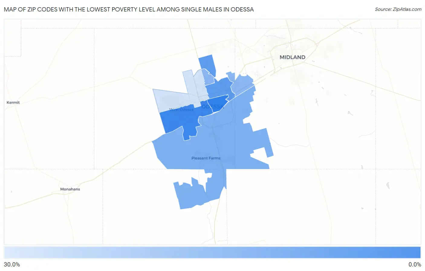 Zip Codes with the Lowest Poverty Level Among Single Males in Odessa Map