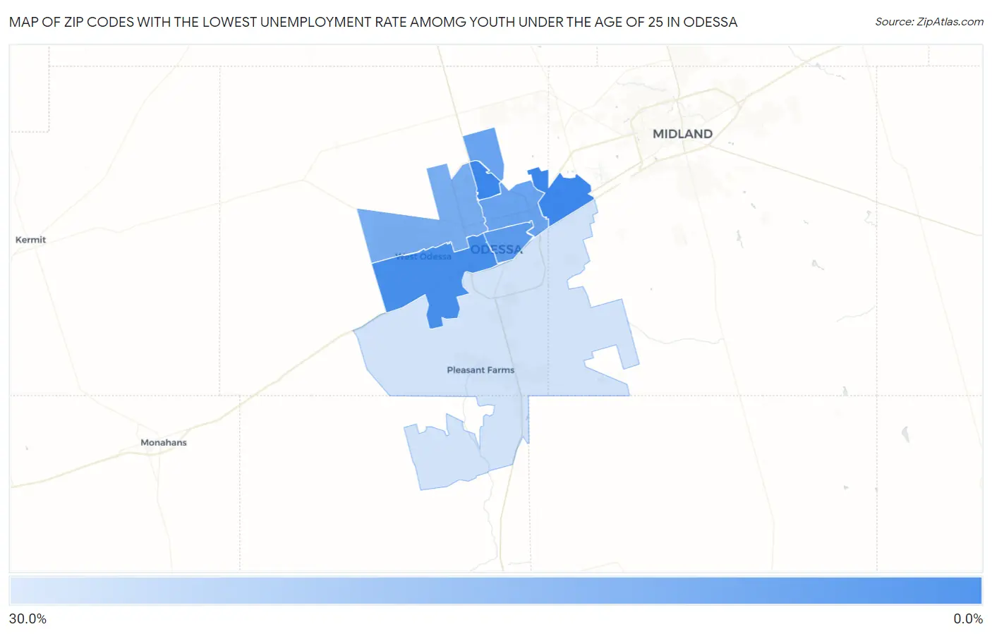 Zip Codes with the Lowest Unemployment Rate Amomg Youth Under the Age of 25 in Odessa Map