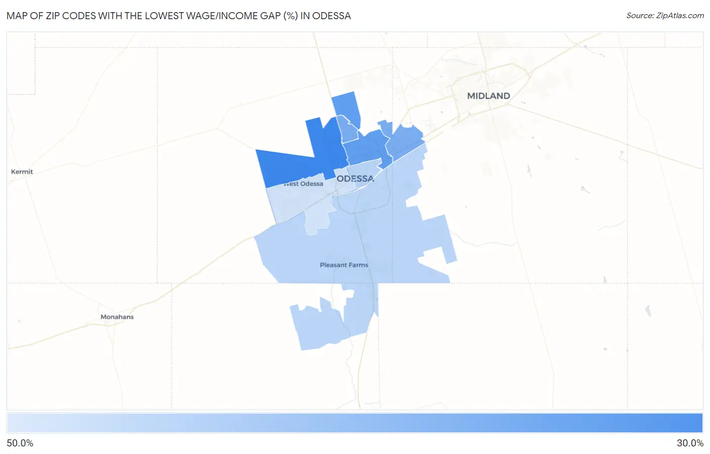 Zip Codes with the Lowest Wage/Income Gap (%) in Odessa Map