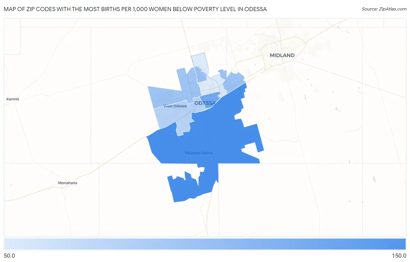 Zip Codes with the Most Births per 1,000 Women Below Poverty Level in Odessa Map