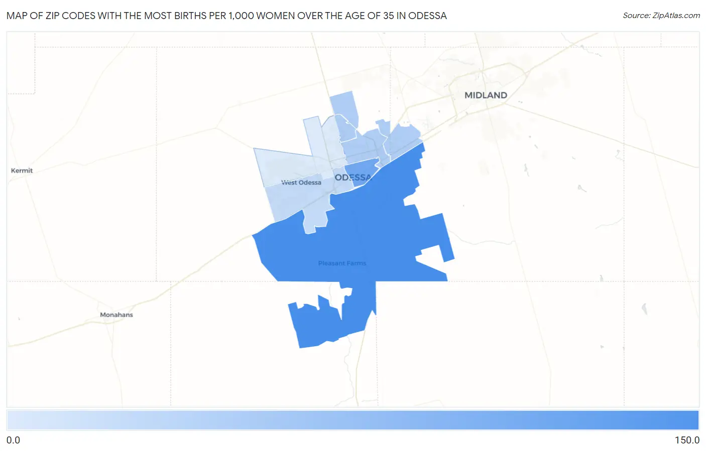Zip Codes with the Most Births per 1,000 Women Over the Age of 35 in Odessa Map