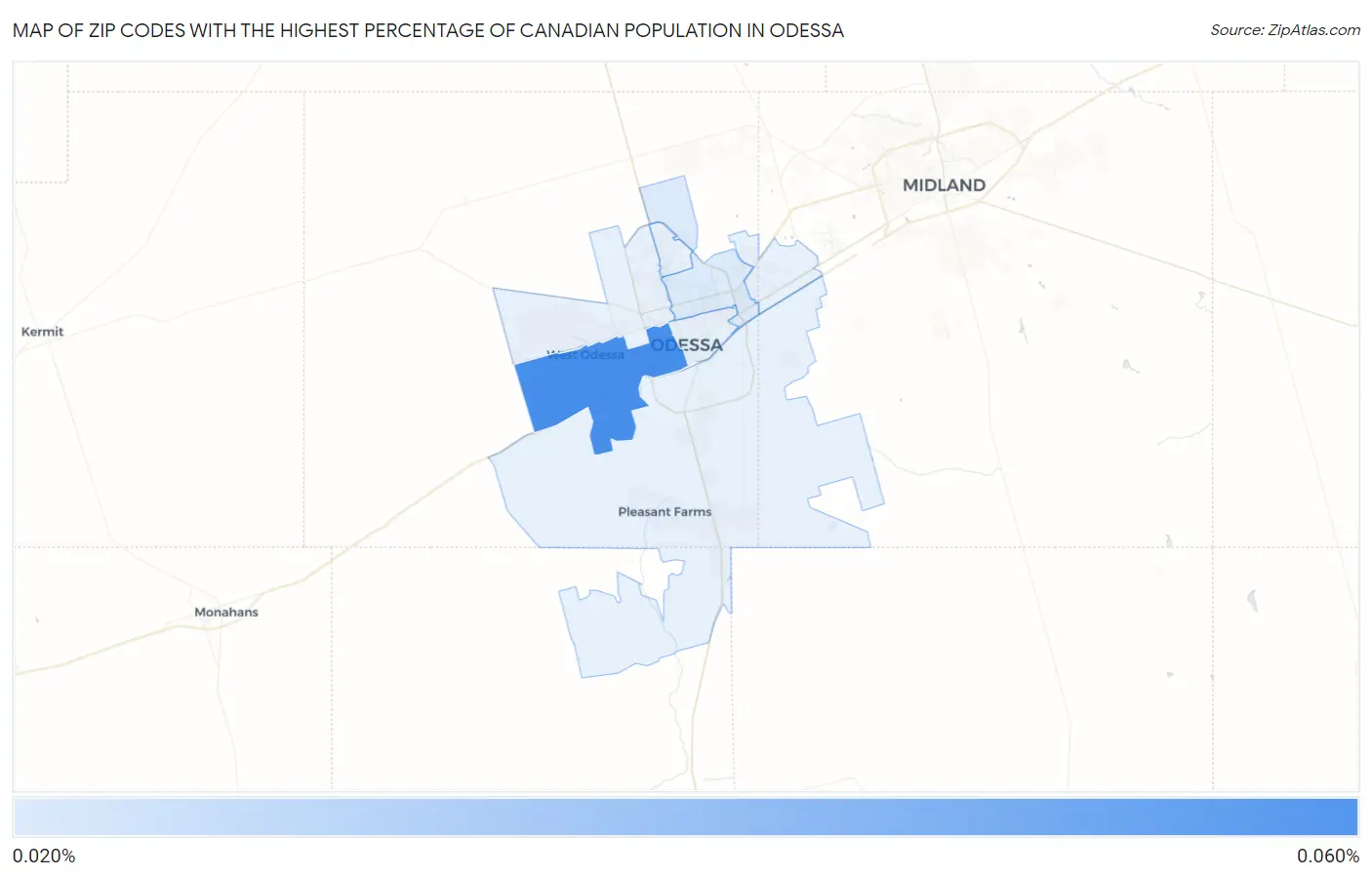 Zip Codes with the Highest Percentage of Canadian Population in Odessa Map