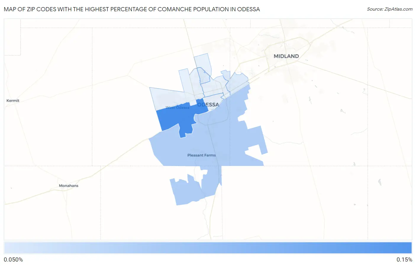 Zip Codes with the Highest Percentage of Comanche Population in Odessa Map