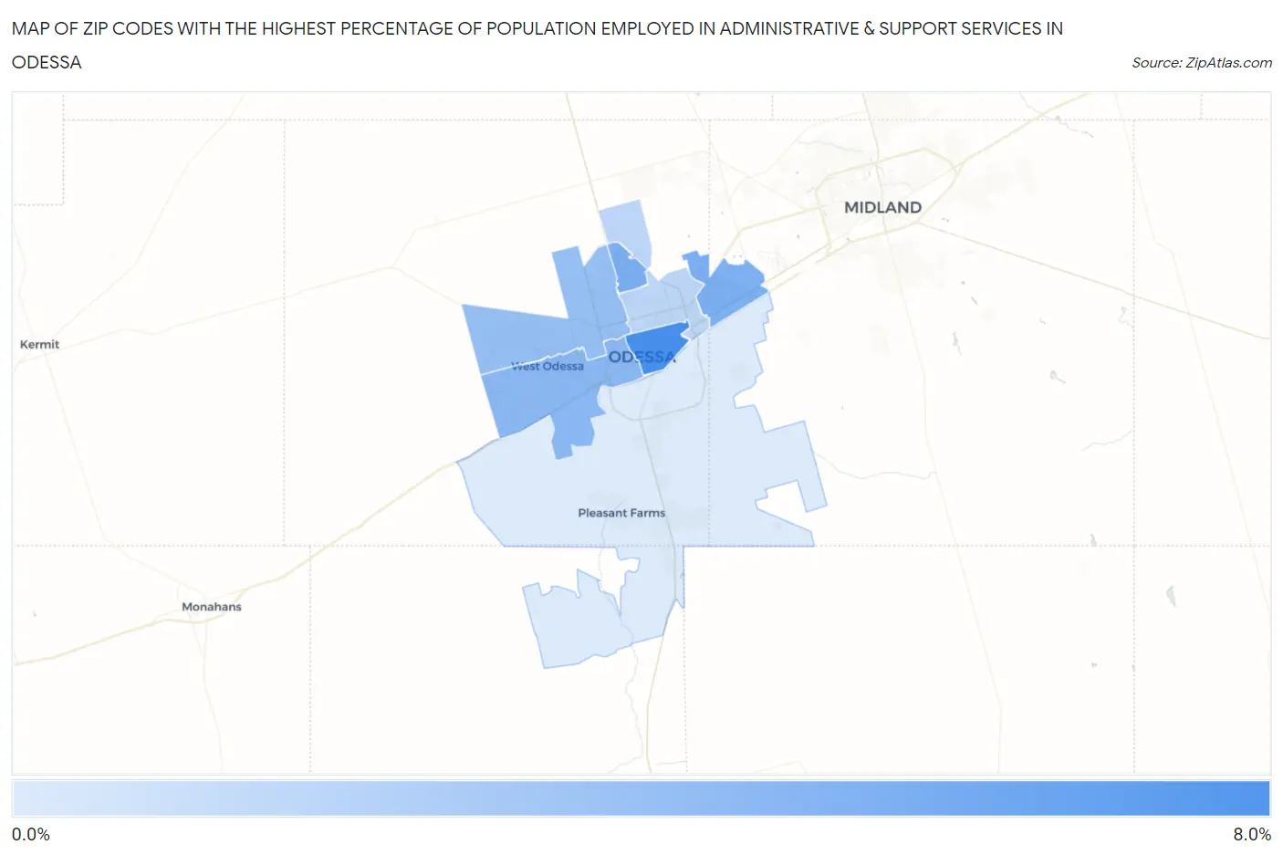 Zip Codes with the Highest Percentage of Population Employed in Administrative & Support Services in Odessa Map
