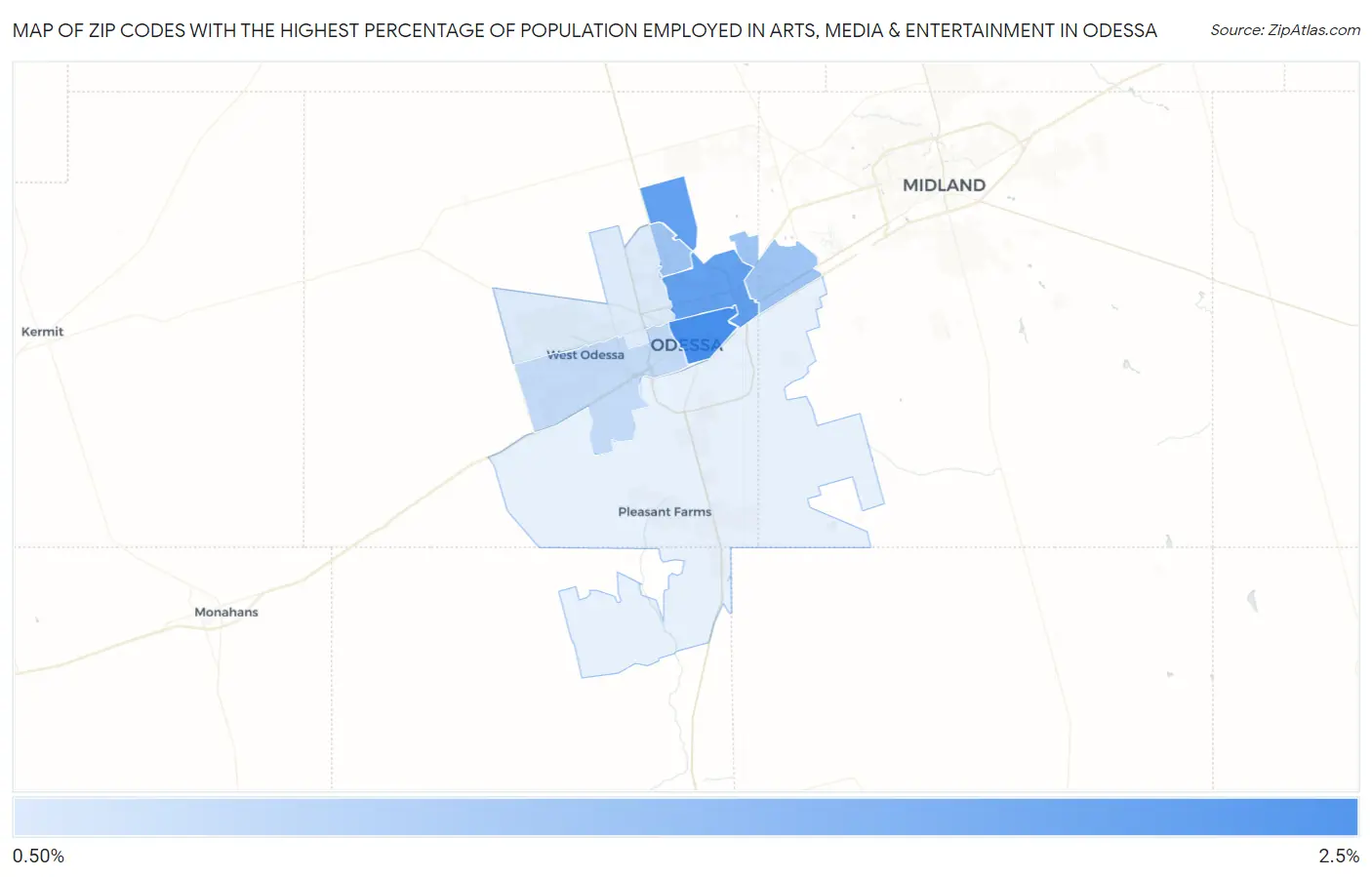Zip Codes with the Highest Percentage of Population Employed in Arts, Media & Entertainment in Odessa Map