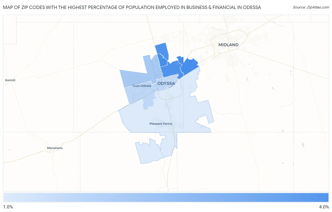 Zip Codes with the Highest Percentage of Population Employed in Business & Financial in Odessa Map