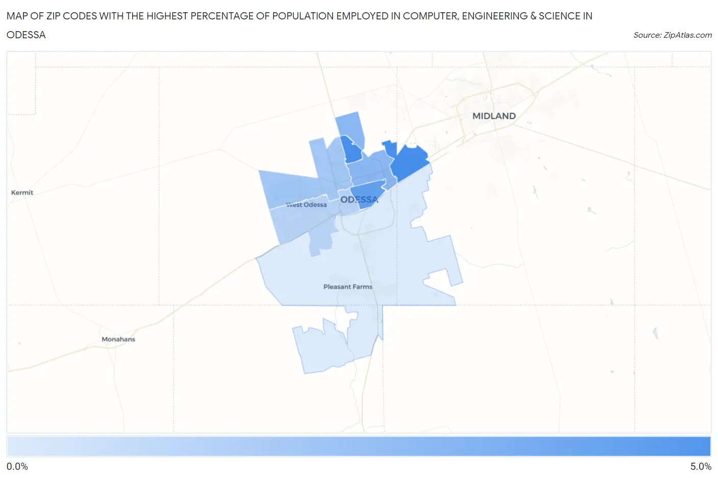 Zip Codes with the Highest Percentage of Population Employed in Computer, Engineering & Science in Odessa Map