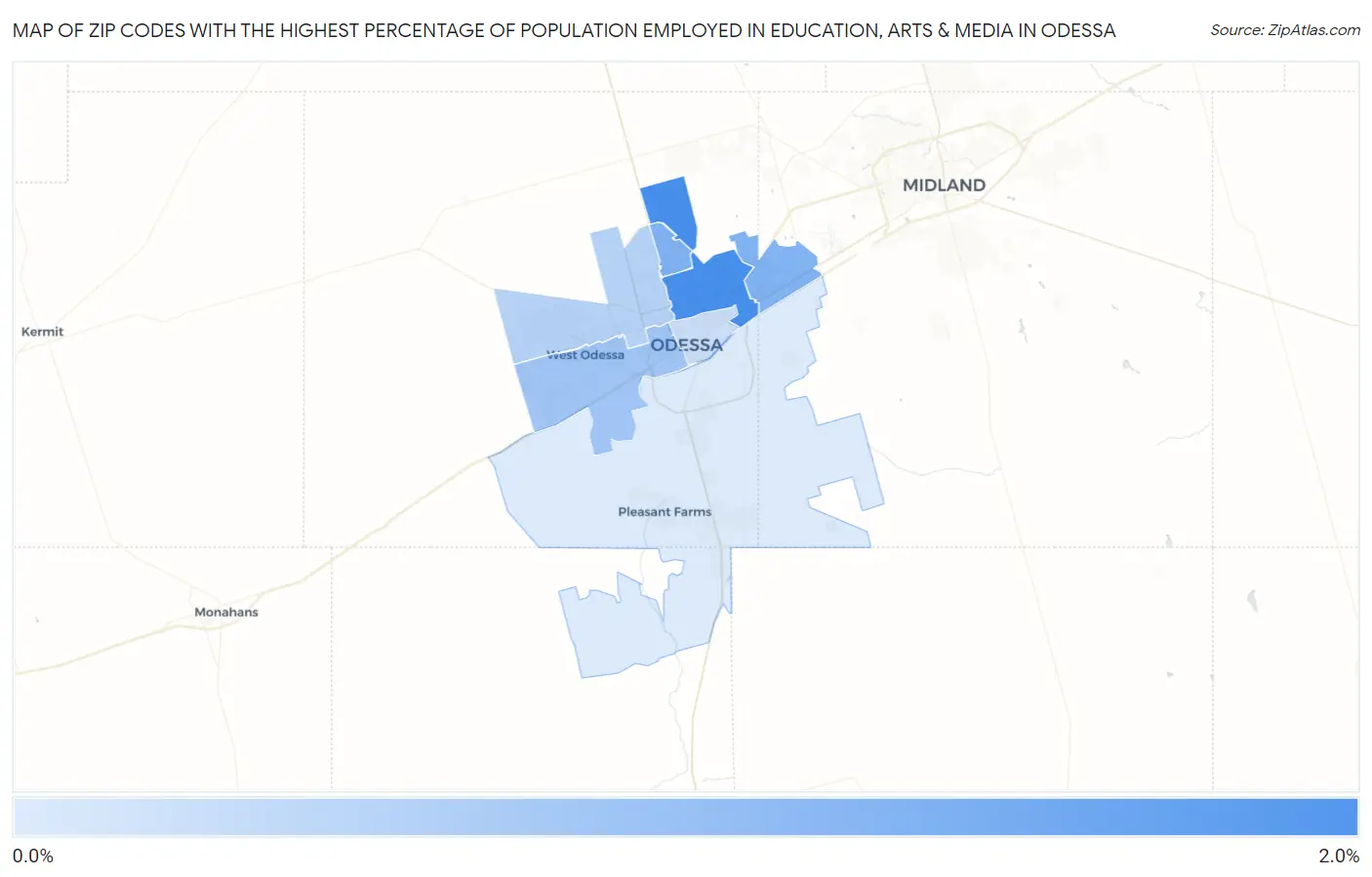 Zip Codes with the Highest Percentage of Population Employed in Education, Arts & Media in Odessa Map