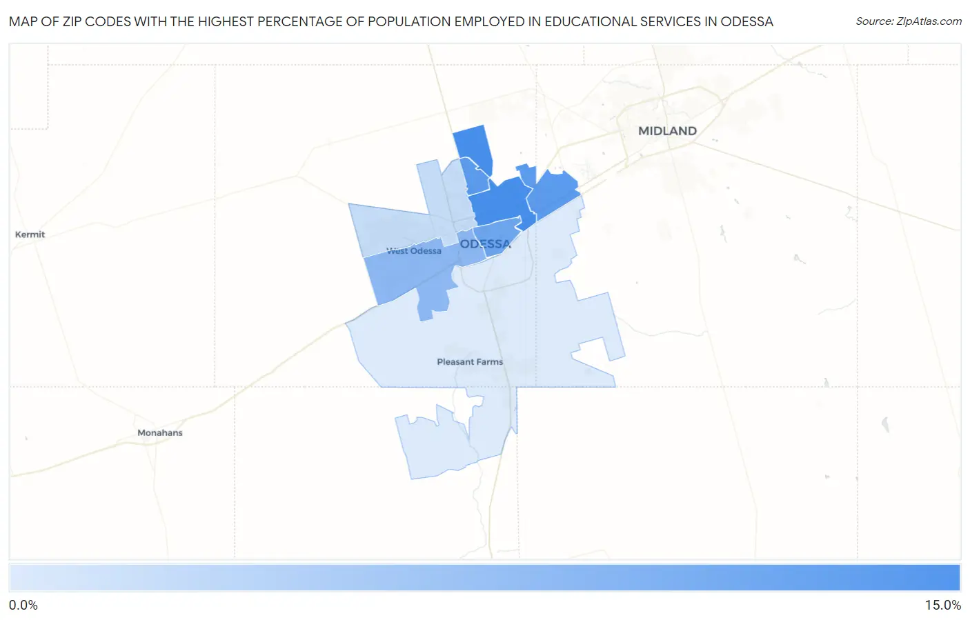 Zip Codes with the Highest Percentage of Population Employed in Educational Services in Odessa Map