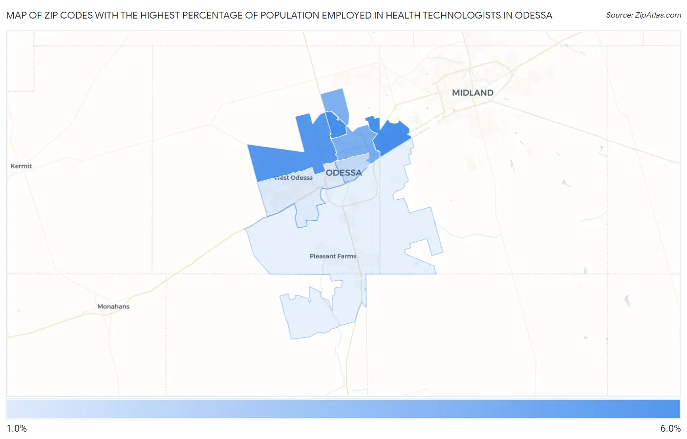 Zip Codes with the Highest Percentage of Population Employed in Health Technologists in Odessa Map