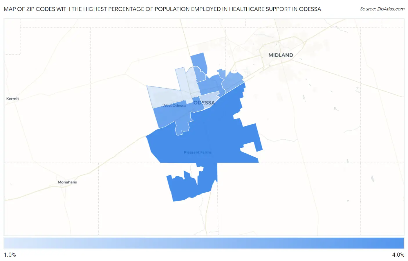 Zip Codes with the Highest Percentage of Population Employed in Healthcare Support in Odessa Map