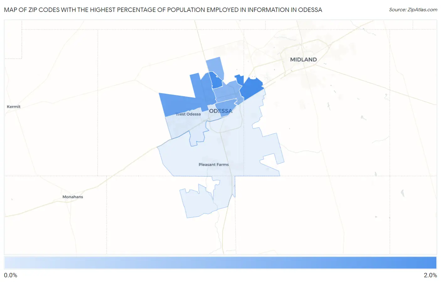 Zip Codes with the Highest Percentage of Population Employed in Information in Odessa Map