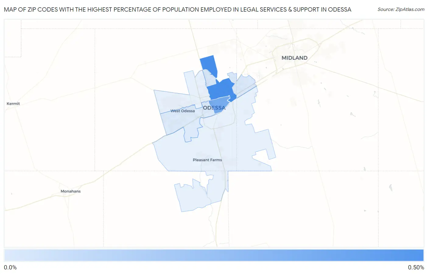 Zip Codes with the Highest Percentage of Population Employed in Legal Services & Support in Odessa Map