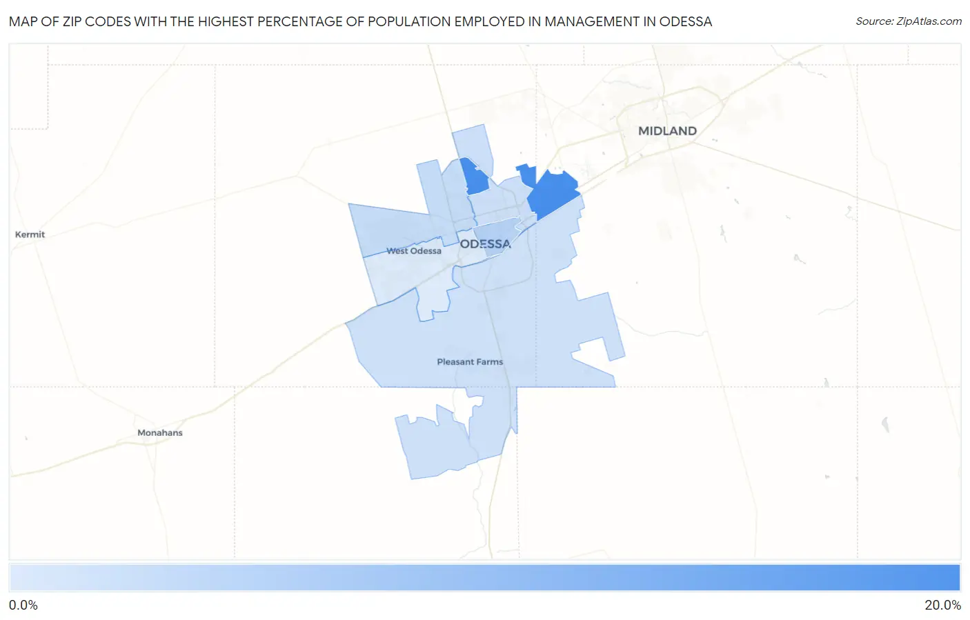 Zip Codes with the Highest Percentage of Population Employed in Management in Odessa Map
