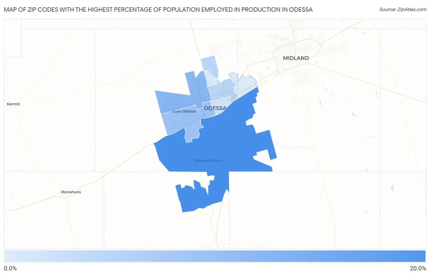 Zip Codes with the Highest Percentage of Population Employed in Production in Odessa Map