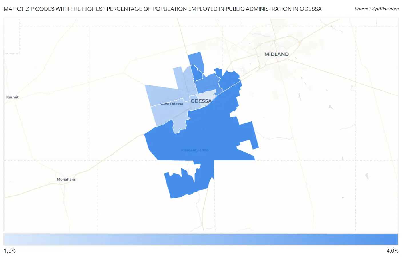Zip Codes with the Highest Percentage of Population Employed in Public Administration in Odessa Map