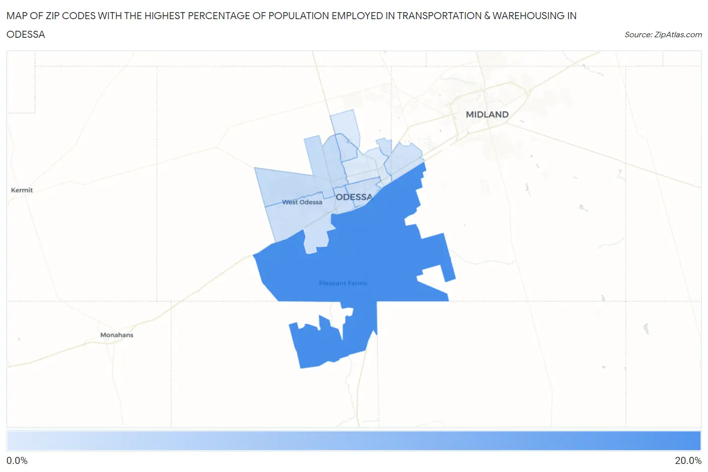 Zip Codes with the Highest Percentage of Population Employed in Transportation & Warehousing in Odessa Map