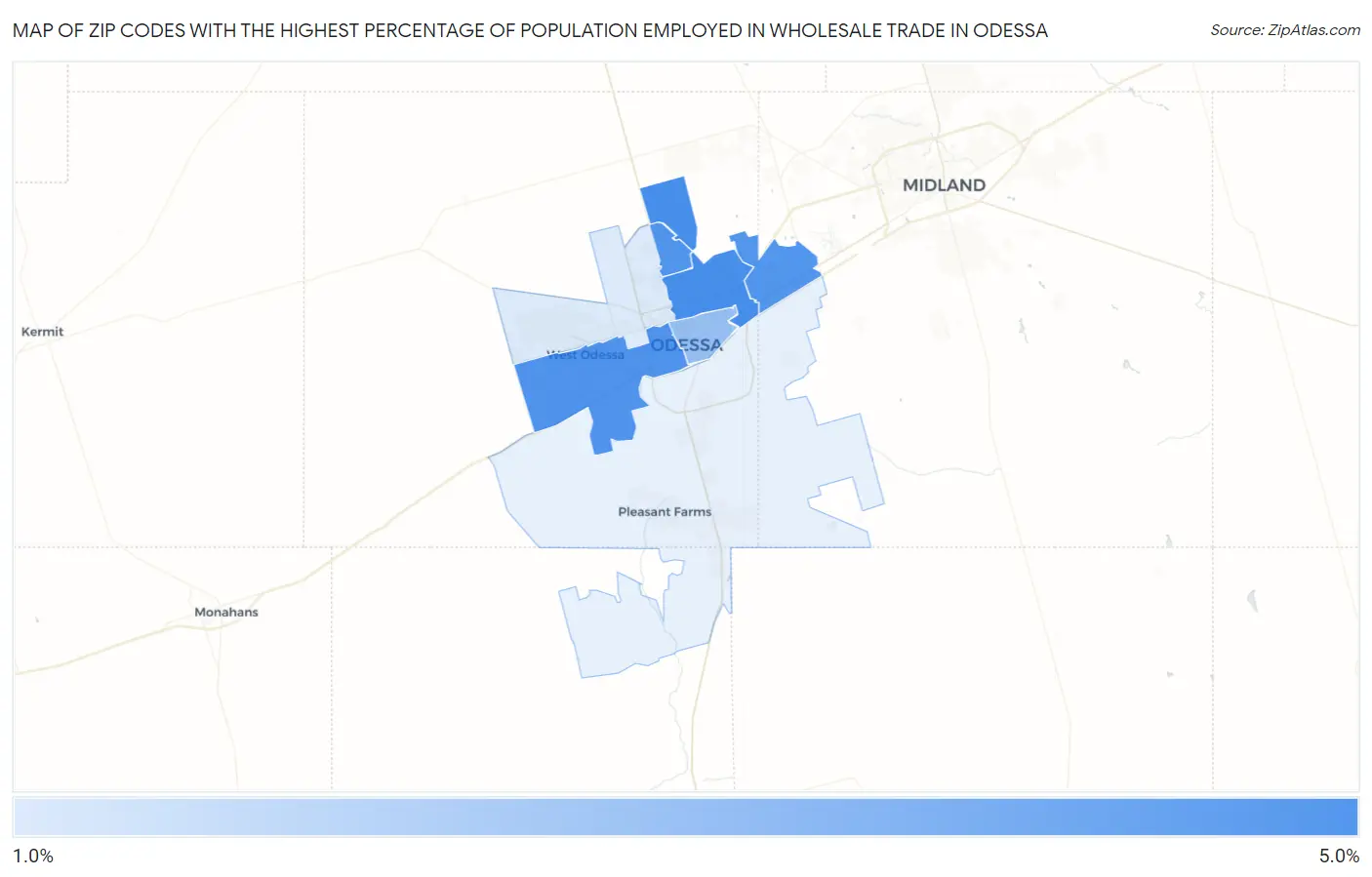 Zip Codes with the Highest Percentage of Population Employed in Wholesale Trade in Odessa Map