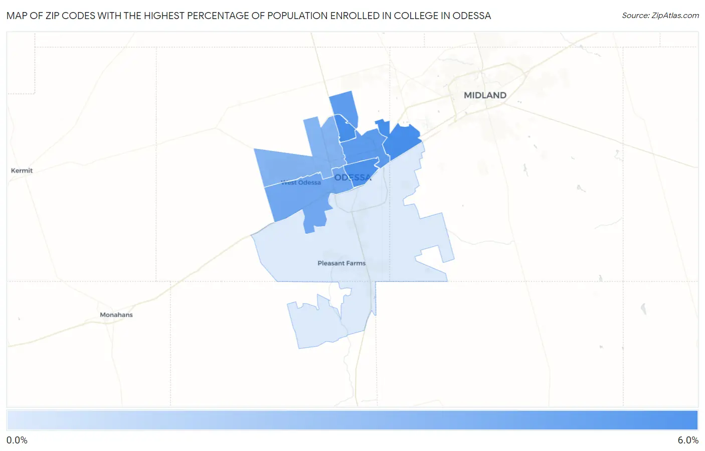 Zip Codes with the Highest Percentage of Population Enrolled in College in Odessa Map