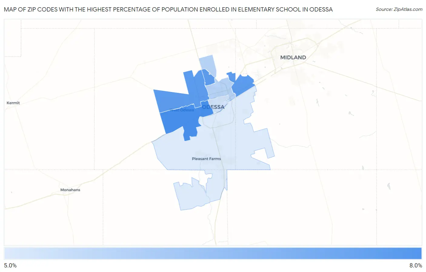 Zip Codes with the Highest Percentage of Population Enrolled in Elementary School in Odessa Map