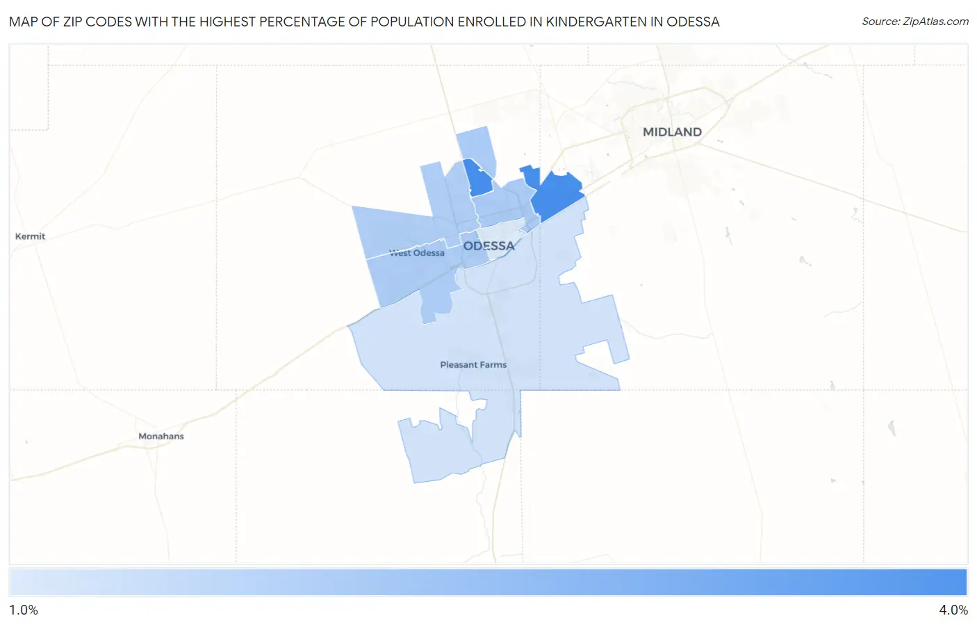 Zip Codes with the Highest Percentage of Population Enrolled in Kindergarten in Odessa Map