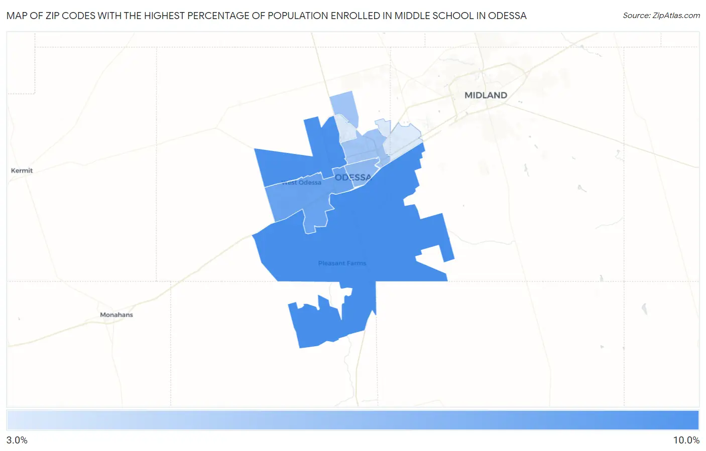 Zip Codes with the Highest Percentage of Population Enrolled in Middle School in Odessa Map