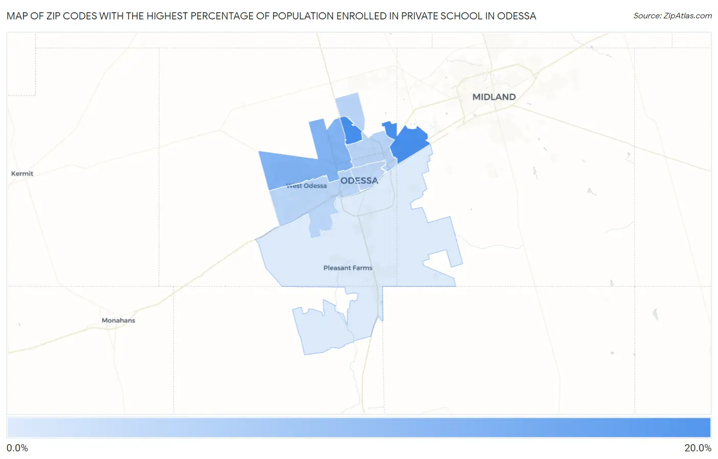 Zip Codes with the Highest Percentage of Population Enrolled in Private School in Odessa Map