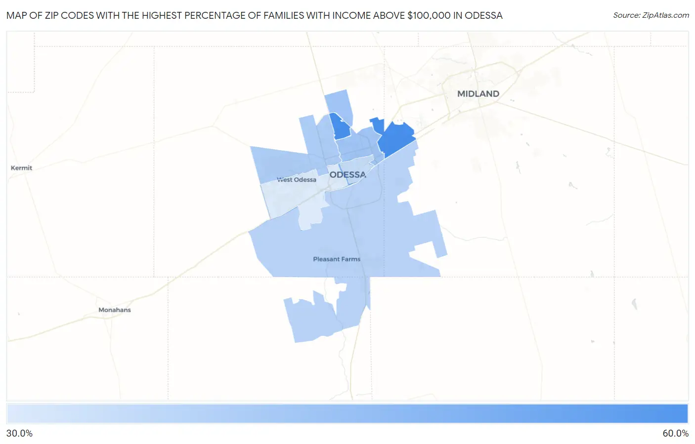 Zip Codes with the Highest Percentage of Families with Income Above $100,000 in Odessa Map