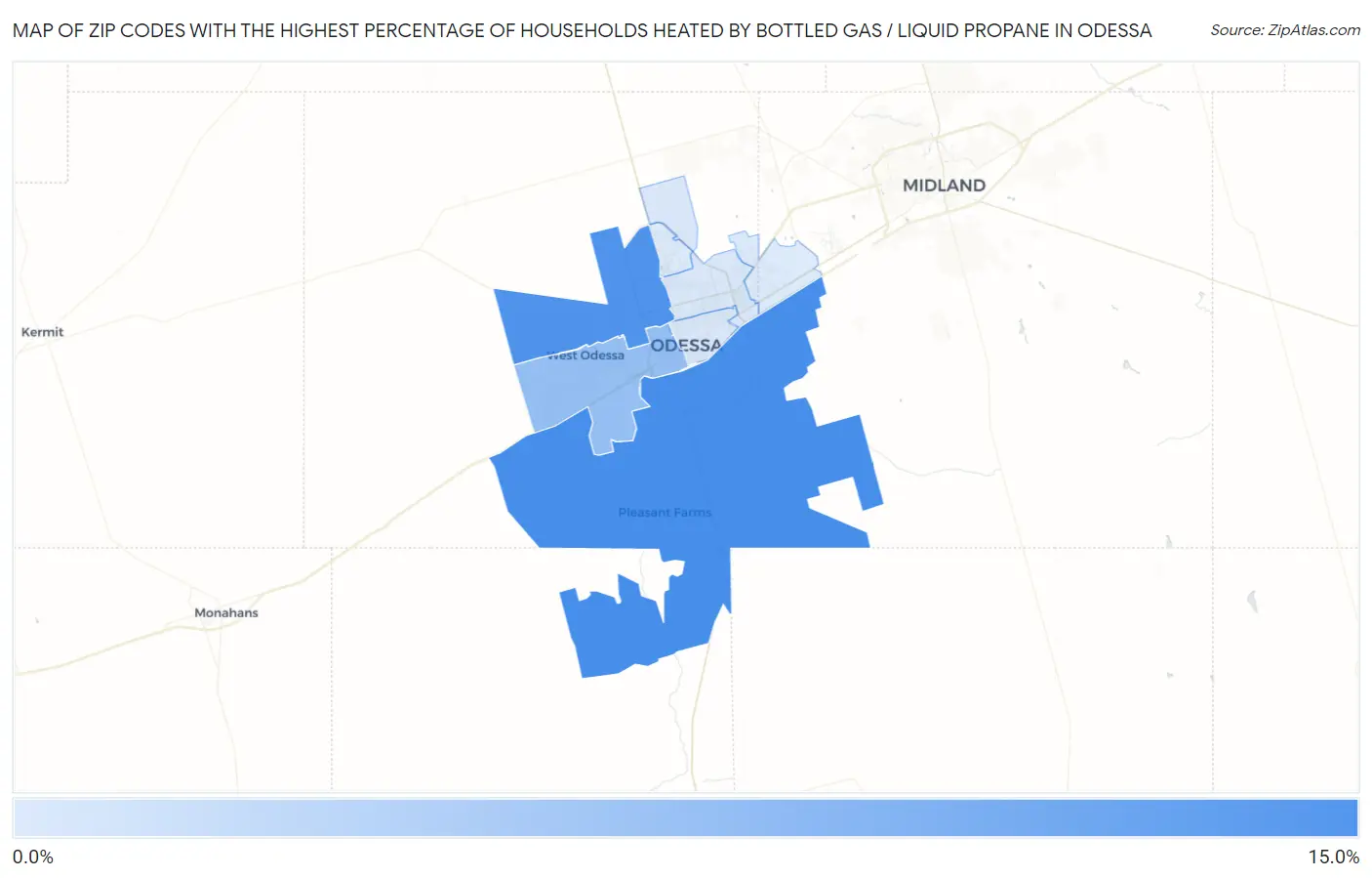 Zip Codes with the Highest Percentage of Households Heated by Bottled Gas / Liquid Propane in Odessa Map