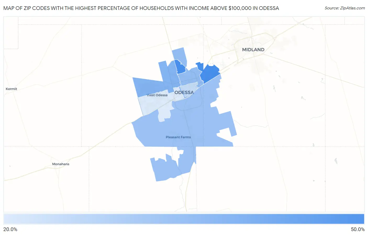 Zip Codes with the Highest Percentage of Households with Income Above $100,000 in Odessa Map