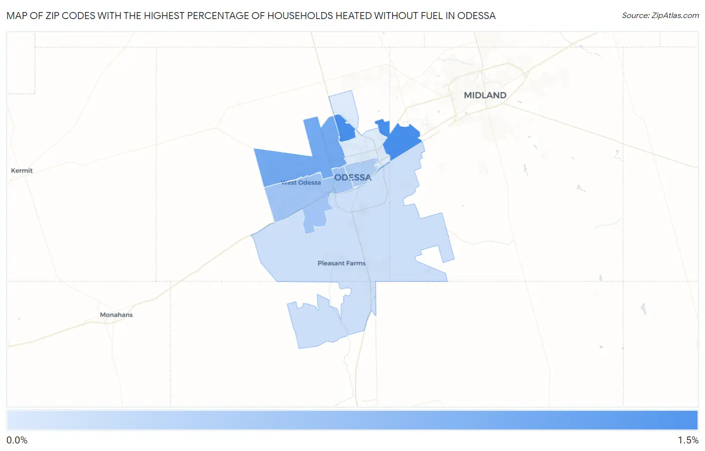 Zip Codes with the Highest Percentage of Households Heated without Fuel in Odessa Map