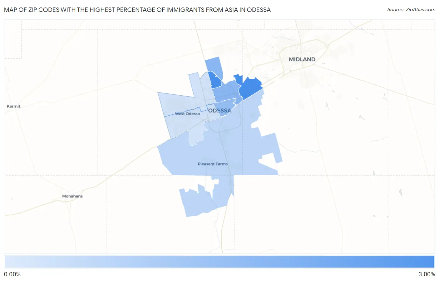 Zip Codes with the Highest Percentage of Immigrants from Asia in Odessa Map