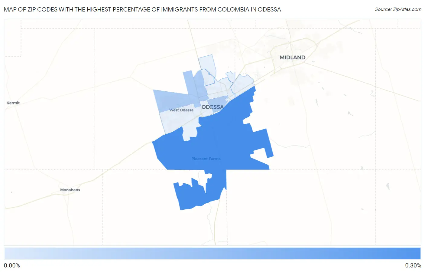 Zip Codes with the Highest Percentage of Immigrants from Colombia in Odessa Map